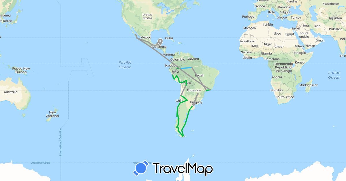 TravelMap itinerary: driving, bus, plane, boat in Argentina, Bolivia, Brazil, Belize, Chile, Colombia, Guatemala, Mexico, Peru (North America, South America)